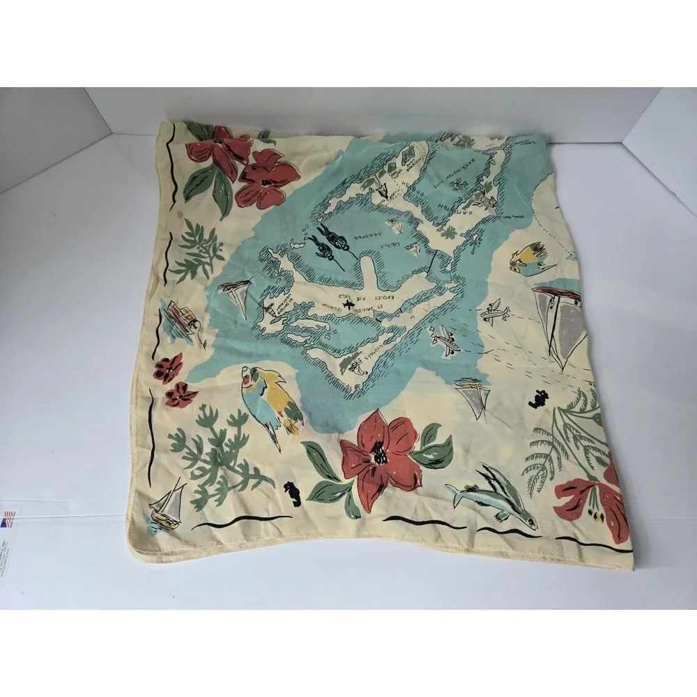 Vintage travel scarf‎ Bermuda flight routes Cruise paths tropical seahorse
